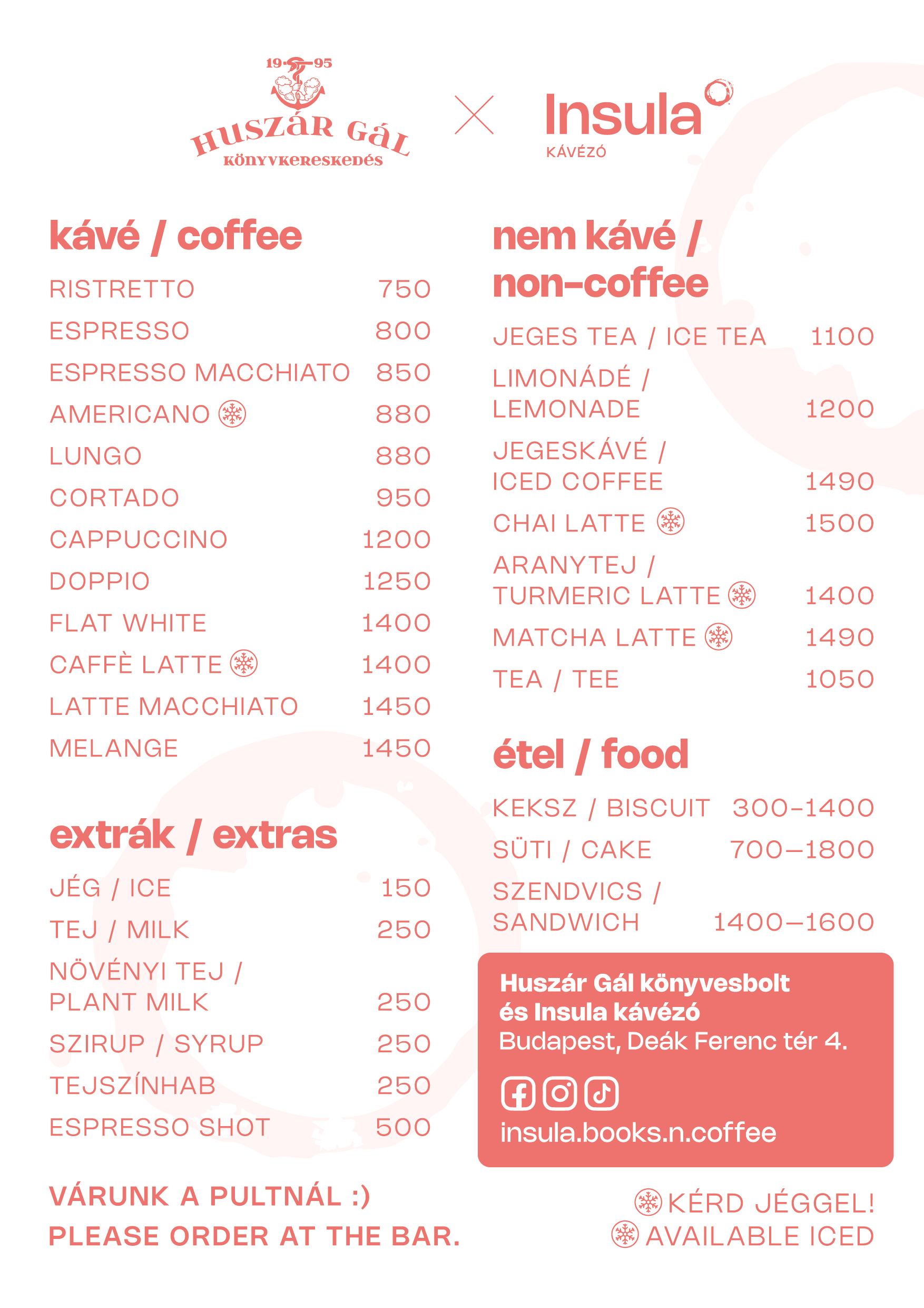 Az Insula kétnyelvű ital- és étlapja árakkal